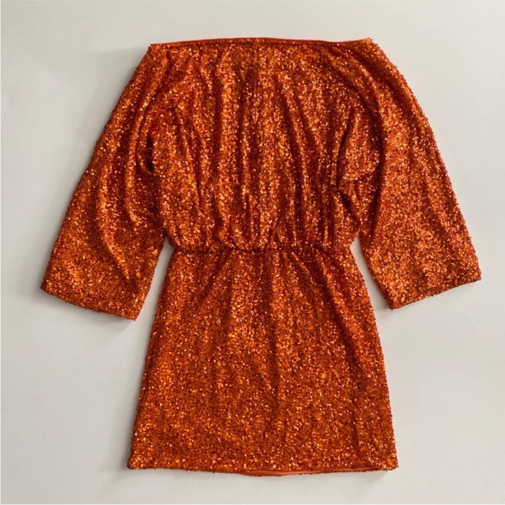 Never Fully Dressed Orange Sequin Tilly Off The Shoulder Long Sleeve Mini Dress